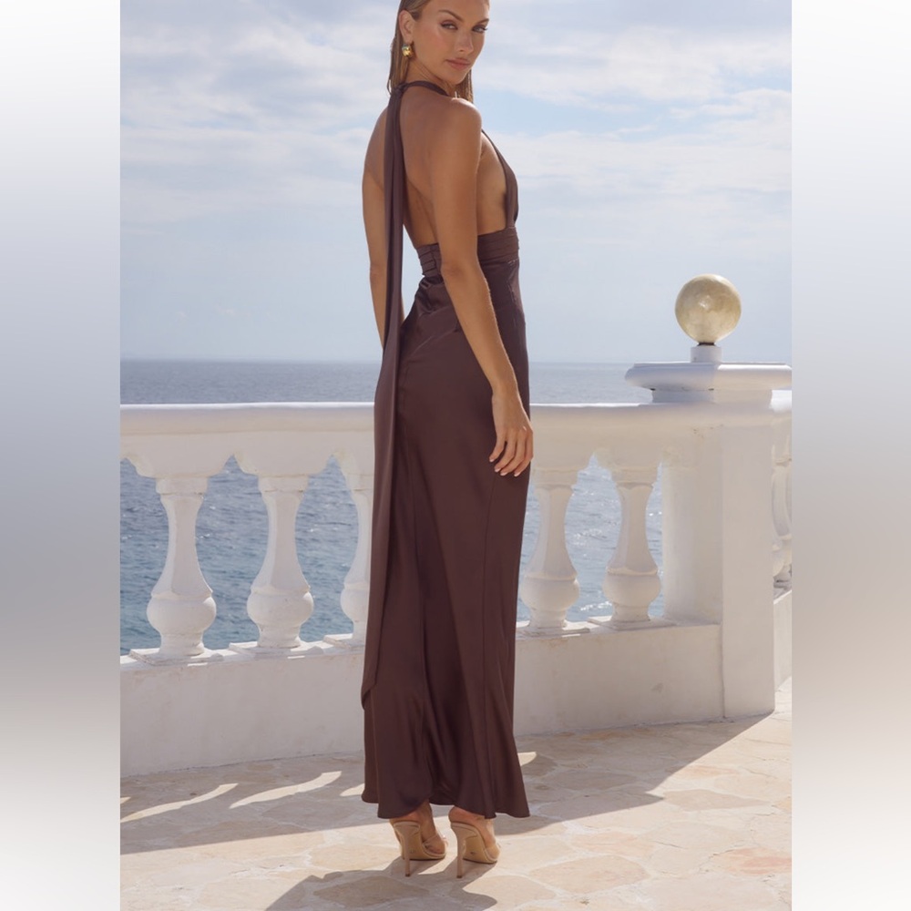 Backless Halter Maxi Dress in Chocolate Brown - Picture 2 of 4